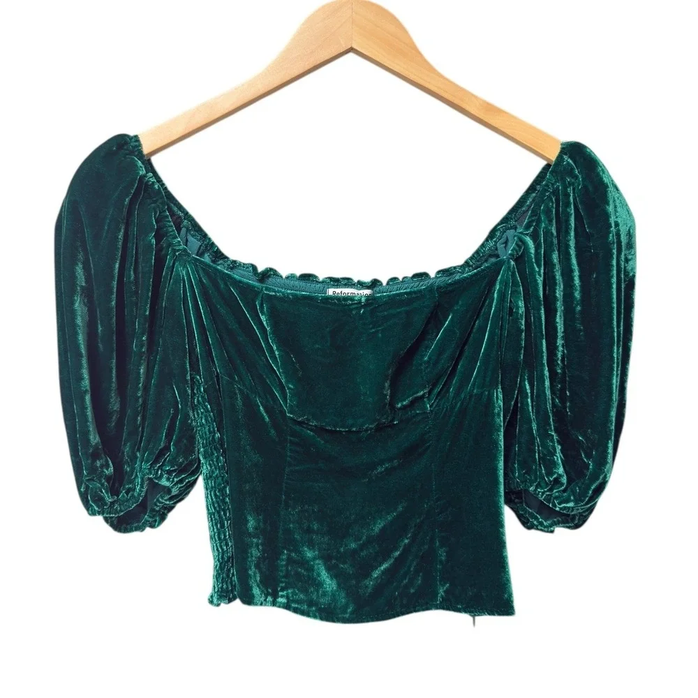 Reformation Luka Velvet Top Emerald Green Women's‎ Size 0 Puff Sleeves Cottage